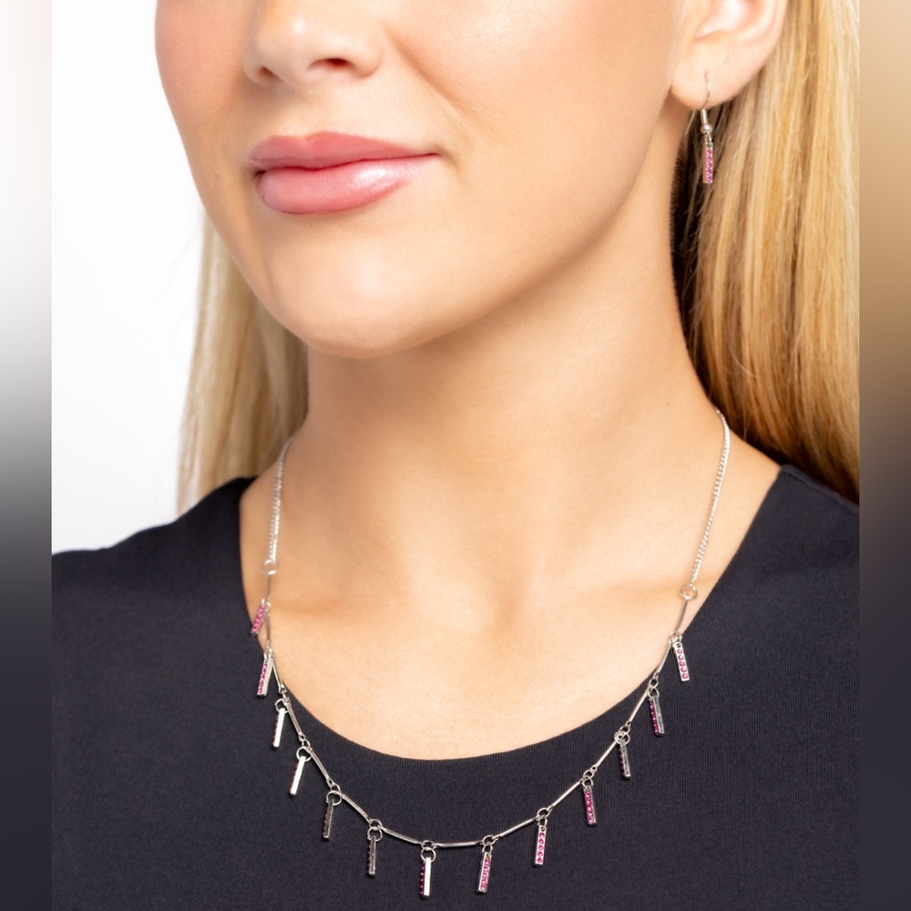 NEW Boutique Barbie Pink Diamond Rhinestone Silver Fringe Necklace & Earrings